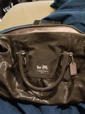 Coach Black Patent Leather Duffel Bag with Logo Charm